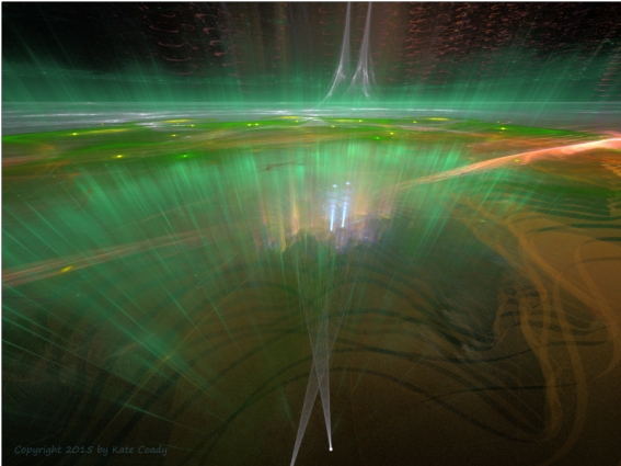 A landscape with unexplained lights, glowing lava, old pahoehoe, a hint of an old straight road, low green auroras, and the beams of searchlights carried by two explorers.