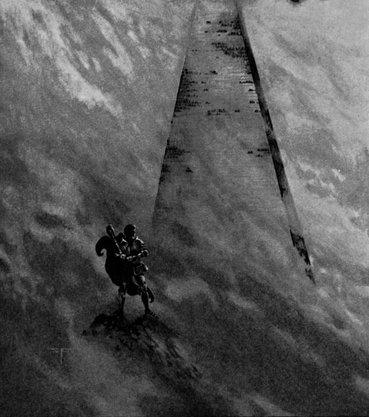 An armed man outside a tall pyramid in green mist.