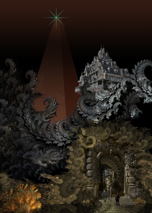 People and a giant outside a baroque and ornate house, in darkness, beneath a lone green star.