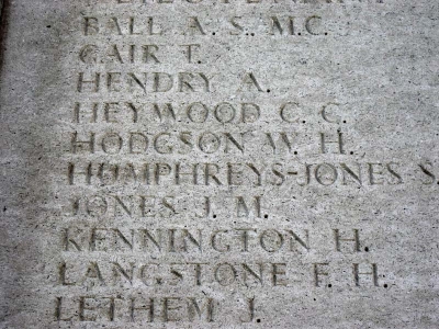 A stone monument; carved on it are the names of William Hope Hodgson and other British soldiers killed in the First World War.