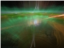A landscape with unexplained lights, glowing lava, old pahoehoe, a hint of an old straight road green auroras, and the beams of searchlights carried by two explorers.