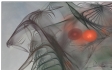 A dark, filmy creature with ribs and a vague head, and two red orbs.